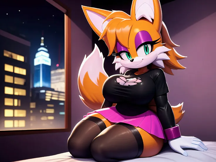 tails prower mujer, ,sitting on her knees facing forward ,in bed,in the background the city at night ,,lights on the ceiling,fli...