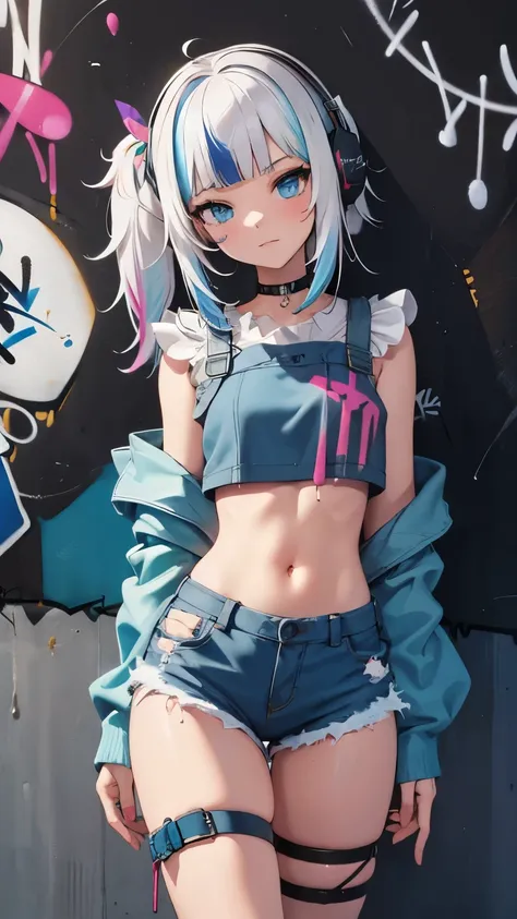 masterpiece, best quality, skinny nymph 1girl, solo, crop top, denim shorts, choker, (graffiti:1.5), paint splatter, arms behind back, against wall, looking at viewer, armband, thigh strap, paint on body, head tilt, bored, multicolored hair, aqua eyes, hea...