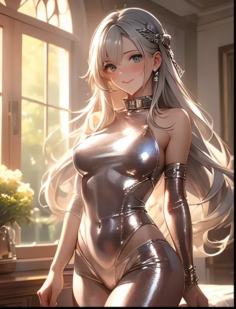 （（（ＳＦＷ、Precision、Highest quality、A first-class masterpiece、Normal body、8k、  Detailed Face 、Ultra-precision、 Normal hand、５refer to、Highest）））、 A neat and pretty silver-haired beautiful girl who blushes while shyly smiling while wearing only a heavy metal co...