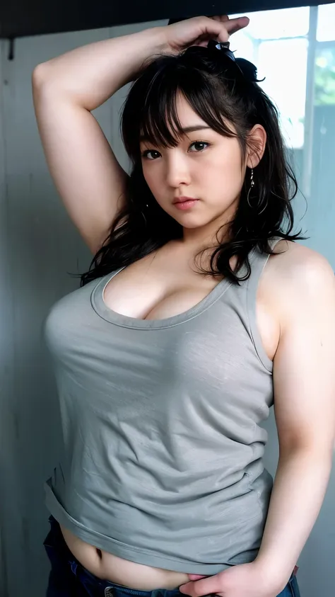 beauty、japanese、big breasts、the grey tank top is wet with sweat.、fat women、blank white background、 tank top 、 plump body 、 big s...