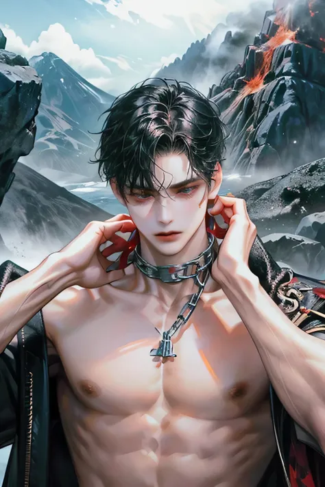 1man,  black hair, big body, pale skin, shirtless, bloody body, two hand chained body, mountain stone volcano view, face and body full covered in red jam, hands up chained