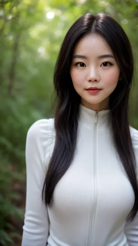 a perfect well-lit (closeup:1.15) (medium shot portrait:0.6) photograph of a beautiful woman standing on the hiking trail, wearing an intriguing outfit, looking at me, coy slight smile