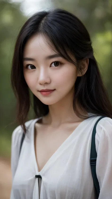 a perfect well-lit (closeup:1.15) (medium shot portrait:0.6) photograph of a beautiful woman standing on the hiking trail, wearing an intriguing outfit, looking at me, coy slight smile