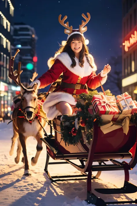 best quality, ultra high res, (photo realistic:1.4), 1girl, wearing santa hat, christmas outfit, (pushing a sleigh with presents:1.3), reindeer standing beside, vibrant city lights, neon glow, detailed background
