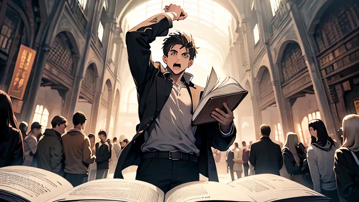  A giant book with a frightening facial expression and outstretched arms pulls the young man by the shirt, while two books with human hands hold your arms . 