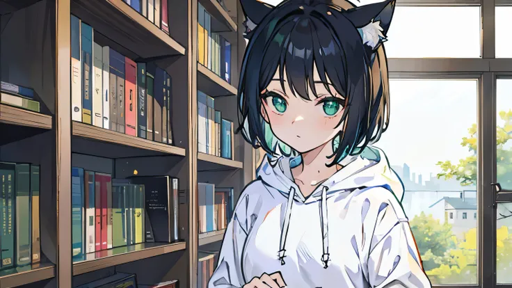 Bookshelf、window、Cat ears、 black short hair 、Green Eyes、White long sleeve hoodie、Green trousers、 Female College Student、Rear view