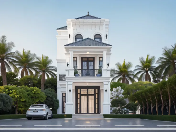 1 morden WHITE house,1large yard, 1 road runs in front of the house, (RAW photo, real, best quality, masterpiece:1.2), look morden minimalist, 1 road in front of the house, dynamic lighting:1.3, (hyper realistic, photo-realistic:1.2), high quality, (dark ...