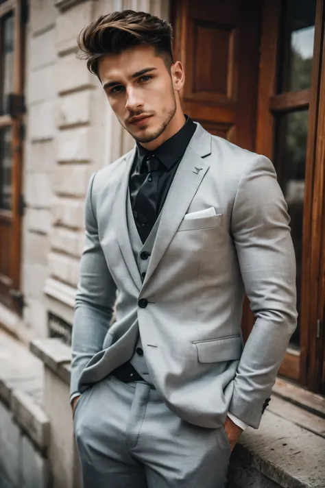 handsome french men, wear luxury formal suit, outdoor