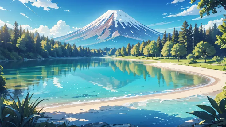 Create a view of a lake with crystal clear water , super details, vegetation and trees blue sky and a volcano in the background