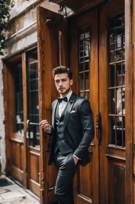 handsome french men, wear luxury formal suit, outdoor