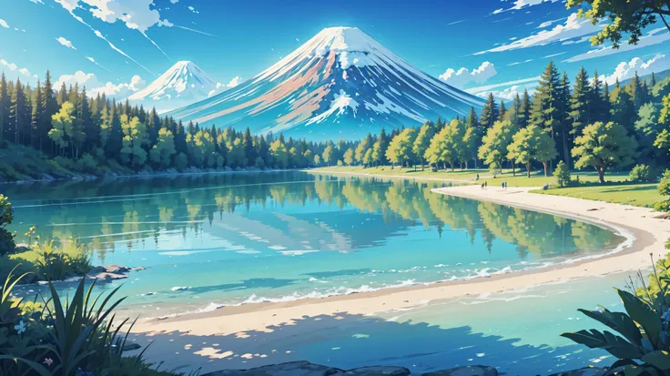 Create a view of a lake with crystal clear water , super details, vegetation and trees blue sky and a volcano in the background