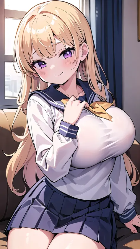  1 girl,  short、  gold hair、 purple eyes ,  long hair 、Long Hair、Blonde、Young girl、Young、、  1 girl in the living room、Big Breasts, very big breasts、Very big boobs、Sagging breasts、 Best Shadow ,   vest lighting 、 Shiny Skin 、 side angle 、sofa、 is sitting、((...