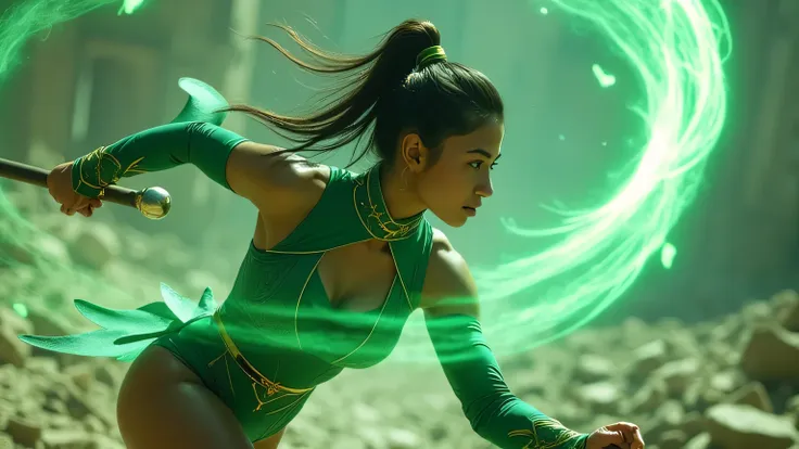 *"hyper-realistic, photo, realism, cinematography, 8k, 4k. jade is mid-action, spinning her glowing green bo staff with deadly p...