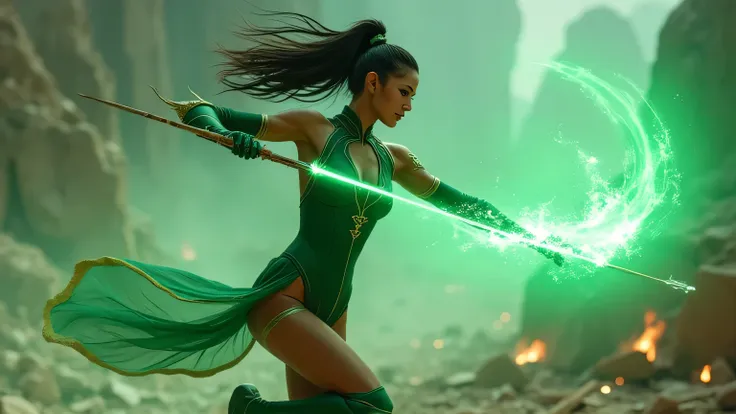 *"hyper-realistic, photo, realism, cinematography, 8k, 4k. jade is mid-action, spinning her glowing green bo staff with deadly p...