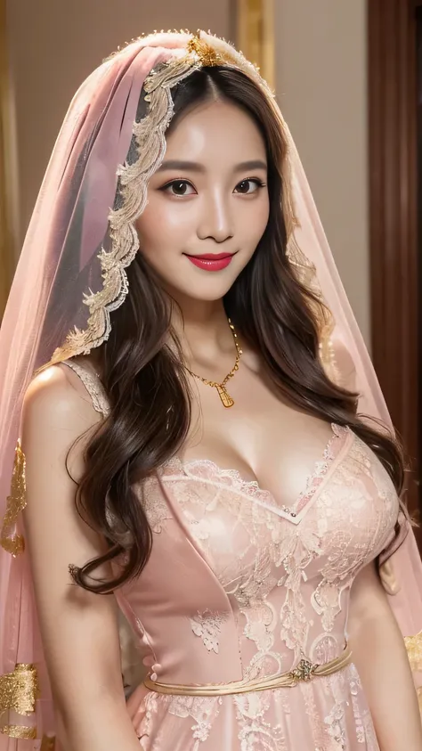 woman ((30 year old)), hair ((light pink, wavy)), eyelue, small eyes)), ((long dress, long slevees, lace trim)), accessories ((gold ornament, veil)), gigantic breast, big , classic house, korean make-up look, smiling expression, red lips, bright lighting 