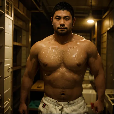   and Japanese rugby player with short hair , Deep hair ,  with arms and chest tied with ropes 　 large amount of semen adhering to 31-year-olds face and body {x} cute stubby figure with white wet waist cloth 　Breakwater at night　Crew Cut Hair.  hairy chest...