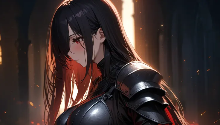 (masterpiece, Highest quality:1.2), (1girl), alone, ((long hair)), ((black hair)), (straight hair), ((hair over face)), (hair over one eye), (hair over right eye), (knight steel armor), backlight, (dark red eyes), (((big breast))), high detail, bloom, text...