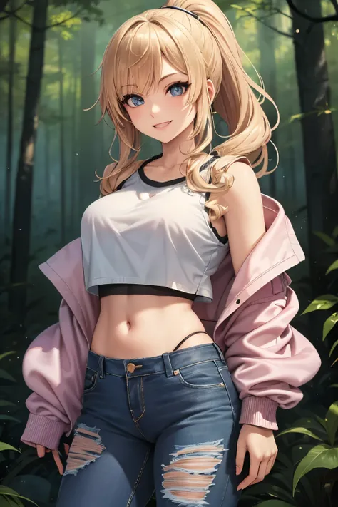 ((best quality)), ((masterpiece)), (detailed), perfect face, young woman, woman, blonde curly hair in a ponytail, blue eyes, smiling, wearing a jacket over a crop top and jeans, puffy pink keychain attached to jeans, background is a dark forest at night