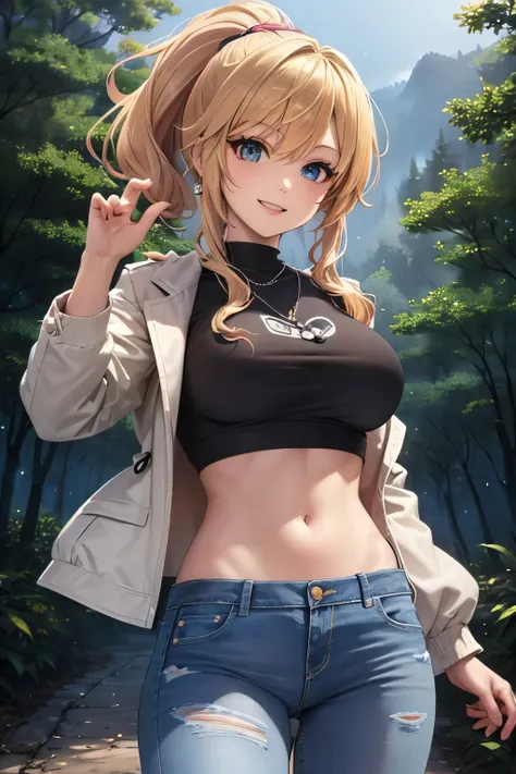 ((best quality)), ((masterpiece)), (detailed), perfect face, young woman, woman, blonde curly hair in a ponytail, blue eyes, smiling, wearing a jacket over a crop top and jeans, puffy pink keychain attached to jeans, background is a dark forest at night