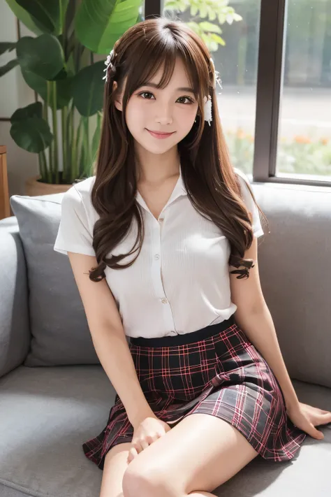 ((two japanese females)), ((couple)), detailed beautiful eyes, Checkered mini skirt, Sitting with Knees Up on sofa at living, high school student, shiny smooth light brown long hair, Smiling face, (8k, RAW Photos, best quality, masterpiece:1.2), ample boso...