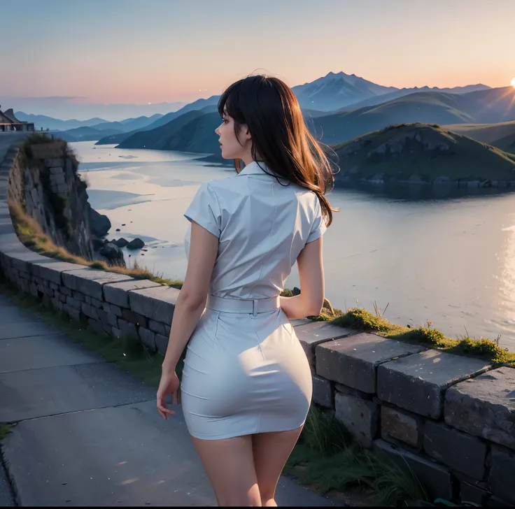 8K quality, Masterpiece,  bright artistic dusk lighting,  super real ,  high chroma, Fantastic and beautiful landscape pictures ,  Rear view:1.3), (Ass:1.2), White clothes,