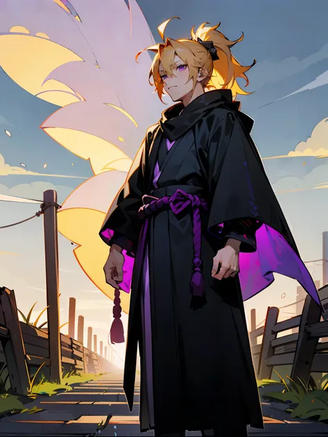 1male ,Female,Adult, Spiky Ponytail Yellow Hair , Messy Hair, Purple Eyes , Purple Scelera , Somber Expression , Black Longsleeve Cloak ,Ninja Clothing, Yukata , Cowl, Red Cloud Patterns on clothing, Standing On Path , Fitted Black Sleeves , Perfect Genera...