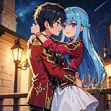 A girl with blue eyes and light blue hair, red blouse with gold plates on her body, pink panties, a gold bracelet and white skirt affectionately kissing a boy with short black hair on the lips, ojos marrones, lentes, red jacket with a night castle behind t...