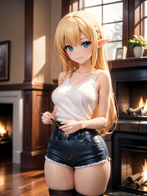 Realistic image, Detailed image, 1 small elf. Long silky loose hair, blonde hair, Blue eyes, Long eyelashes. Sleeveless sweater, V-neck sweater. minishorts. Stockings to mid-thigh. Medium breasts, slim waist, wide hips and thick thighs. smiling. Arched bac...