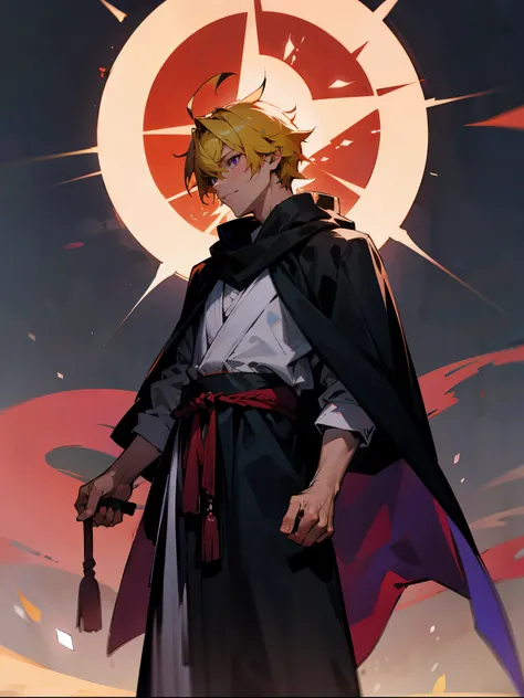 1male, Muscular , Tall, Buzzcut Yellow Hair , Messy Hair, Purple Eyes , Purple Scelera , Somber Expression , Black Longsleeve Cloak ,Ninja Clothing, Yukata , Cowl, Red Cloud Patterns on clothing, Standing On Path , Fitted Black Sleeves , Perfect Generation...