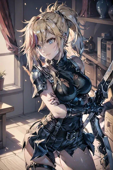 (masterpiece, best quality:1.2), Blue  glowing eyes, perfect face, highres, 1 girl, solo, ultra long ponytail, (female:1.5), strife, blonde hair, shoulder armor, sleeveless turtleneck, suspenders, belt, gloves, bracer, evil smile, standing, portrait, looki...