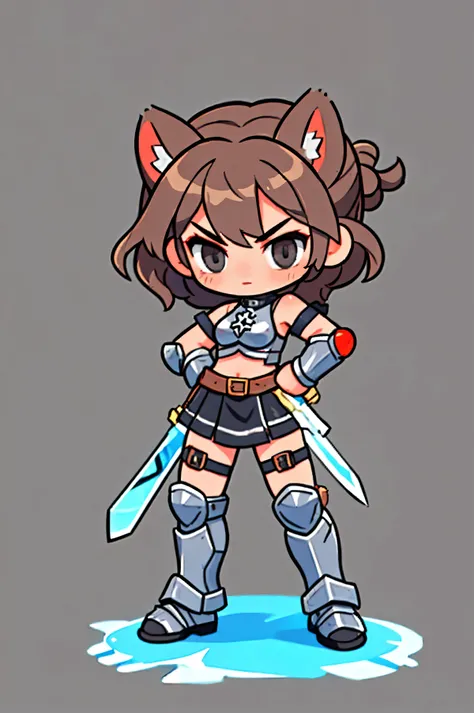 One female warrior ,    Medieval Gray Full Body Iron Armor, Natural background.   brown hair,   tied hair  ,  cat ears , black eye ,  Kneeling pose with a sword wielded,   Battle Sword  . Aggressive posture  