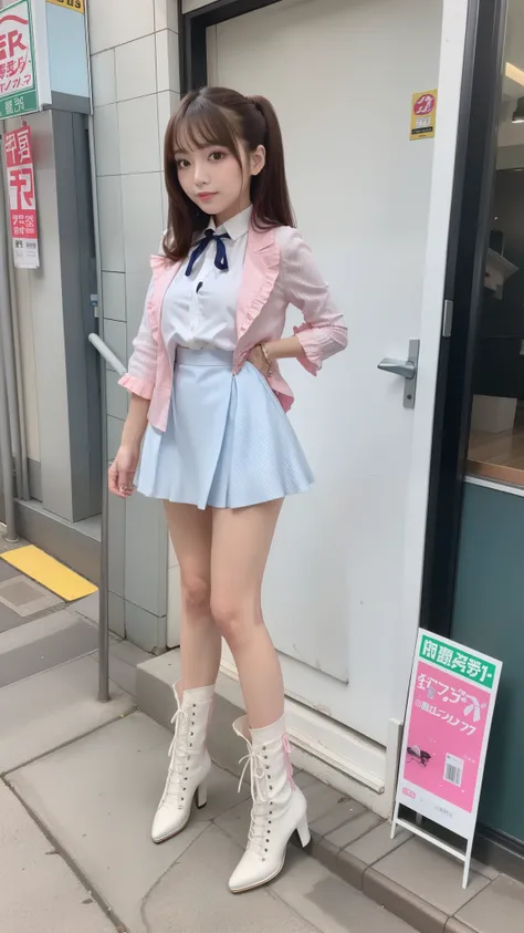 wearing a Costume like an idol, blue and white half sleeve Jacket, pink satin ruffled blouse, White and pink stripe pleated skirt, white lace up boots