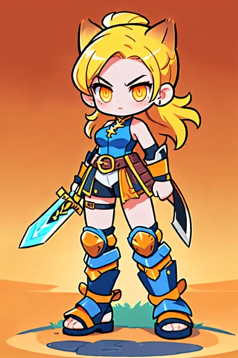 A female warrior wields a sword  ,    Medieval Leather Armor , Natural background.  yellow hair ,   tied hair  ,  cat ears , Orange eyes ,  The act of rushing with a sword,   Battle Sword  . Aggressive posture  