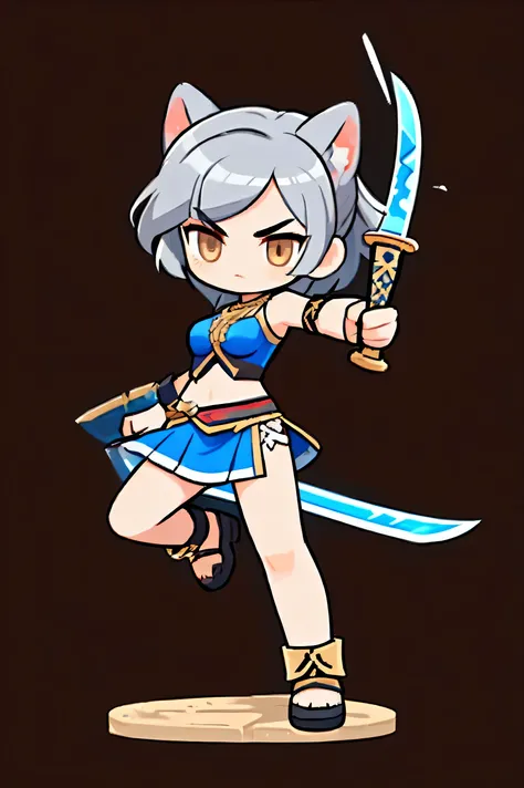 A female warrior wields a sword  ,   Greek female warrior, Natural background.  gray hair  ,  cat ears , brown eyes ,  Hero landing moves with a sword,   Battle Sword  . Aggressive posture  