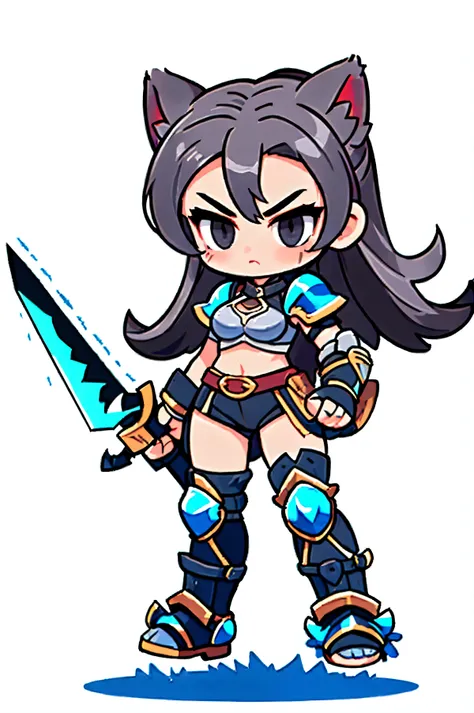 One female warrior ,    Medieval Full Body Iron Armor,   white background.  dark gray hair,   tied hair  ,  cat ears , black eyes , Sleek Pose  ,  Fighting poses,  Landing Action ,  Battle Sword  . Aggressive posture  