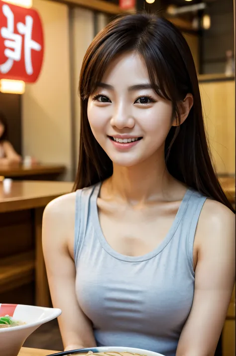 Realistic photo of (1cute Korean actress), tank top, in ramen shop, smiling, Canon EOS, clear facial features, close up portrait, cinematic mode, 8K