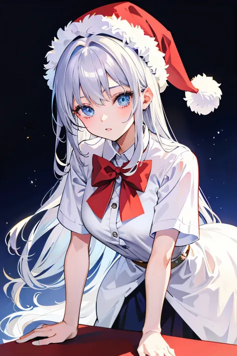 (masterpiece), (best quality), (ultra detailed), 1 girl, 20 years old, silver hair, blue eyes, white shirt, santa hat, leaning forward, cute, simple background