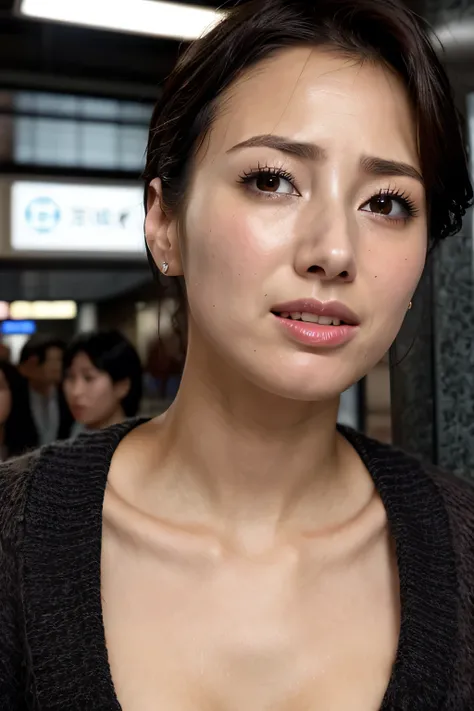  beautiful Japanese actress、 1 girl,Flying debris,,Award-winning photo,  very detailed, face focus ,  big double eyes(  Woman Who Open Her Mouth and Close Her Eyes  ), 1、  black hair 、 shiny skin、( face close-up)、,Squat、(( Random Color Open Cardigan))、Big ...