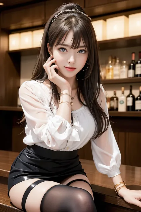 ((Beautiful woman sitting at the bar counter))、Beauty、One person女、One person、Long Hair、（Office Lady)、Viewer、Smile、(Big Blue Eyes)、Hair Accessories、gem、(Light brown hair)、mouthをclose、bangs、bracelet、lips、Gray、Portrait、Red nails、close、赤いlips、Put your hands on...