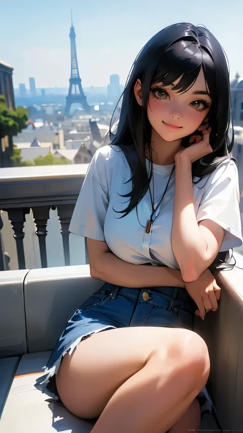  1 girl,( black hair semi-long)(Beautiful Hair), actress, smile, shiny skin,  best quality, masterpiece, (Photographically:1.4), Terrace seats,  Europe, France, Paris,  Denim Miniskirt  (Realistic Fabric),  wears white short sleeves  (cotton cloth), ( NO L...