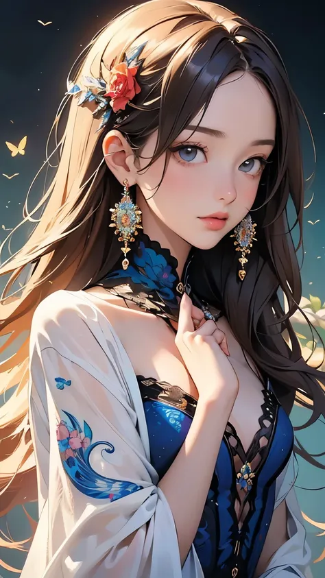 (masterpiece,  best quality,  best quality,  Official Art,  beautifully refined :1.2), ( 1 girl),  Extremely detailed,( fractal art:1.3), colorful ,HIGHEST DEFINITION , upper body, [race],[ jewelry],[flower],[[ butterfly ]],