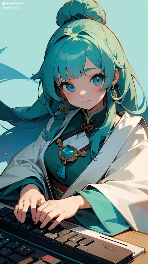 masterpiece,  best quality,  super detailed, Illustration,( 1 girl), Beautiful Detailed Eyes ,  watching viewers , ( コンピューターのキーボードを構える ),  happy , (Turquoise Hair:1), (Blue round eyes:1), (Round earrings), ( large turquoise jewelry necklace to hold a compu...