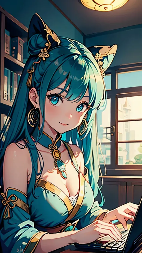 masterpiece,  best quality,  super detailed, Illustration,( 1 girl), Beautiful Detailed Eyes ,  watching viewers , ( コンピューターのキーボードを構える ),  happy , (Turquoise Hair:1), (Blue round eyes:1), (Round earrings), ( large turquoise jewelry necklace to hold a compu...