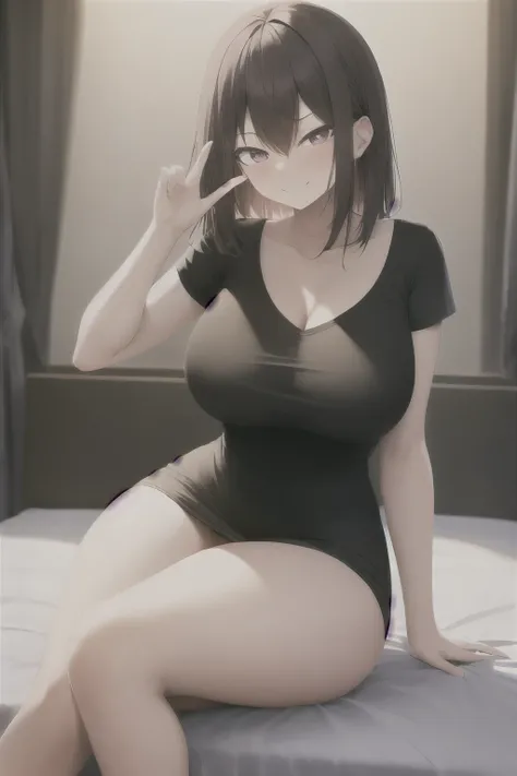 A woman with ample curves, perched on a bed in a playful pose, donning a black t-shirt and skirt. Her mischievous smirk contrasts with the dimly lit room, casting shadows around her, creating a sultry atmosphere.