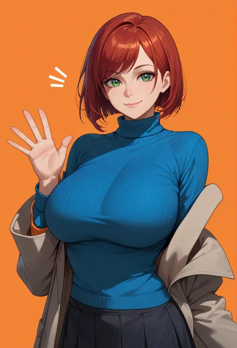 score_9, score_8_up, score_7_up,  1girl, blue sweater, bob cut, breasts, grey coat, black skirt, closed mouth, coat, large breasts, plain orange background, simple orange background, long sleeves, looking at viewer, medium hair, off shoulder, orange backgr...