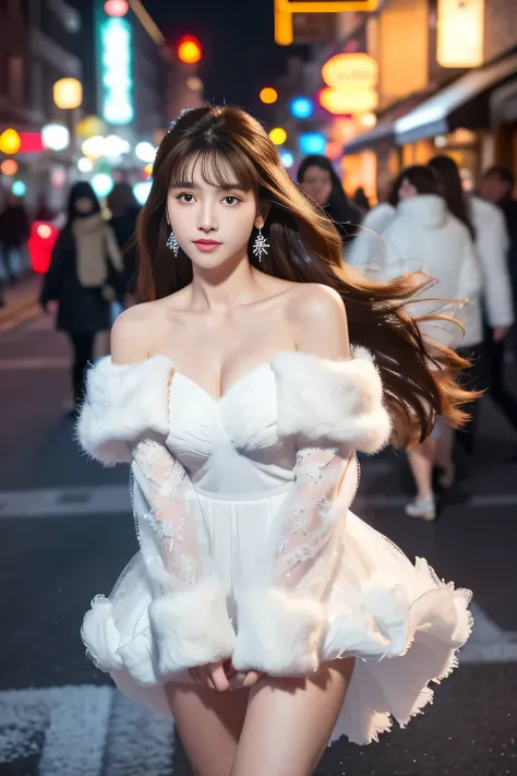 8k，tmasterpiece、quality、ultra - detailed、Master workarilyn Takiocus on the thighs and above，Clear face，（Best quality）， beuaty girl：1.5、((Red fluffy off-shoulder dress style))，long hair fluttering，Snowflake earrings、snowflakes falling、bblurry、the street，