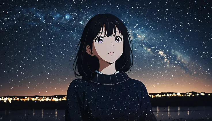 Night Sky,star, girl,anime, real,Photo style, High Quality 