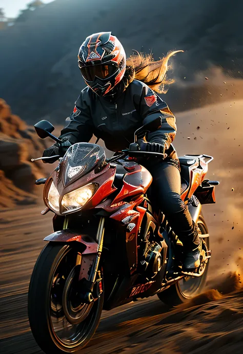 1girl, red & black motor vehicle, lights,glowing,motion blur,dust,eyewear, Desert