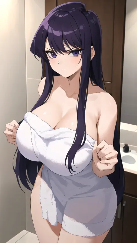 ((best quality)),((highly detailed)),masterpiece,absurdres,detailed face,beautiful face,(detailed eyes, deep eyes),1girl,((dynamic pose)),  sana, purple hair, long hair, solo, purple eyes, bath towel, closed mouth, leans forward, gigantic breasts, cowboy s...