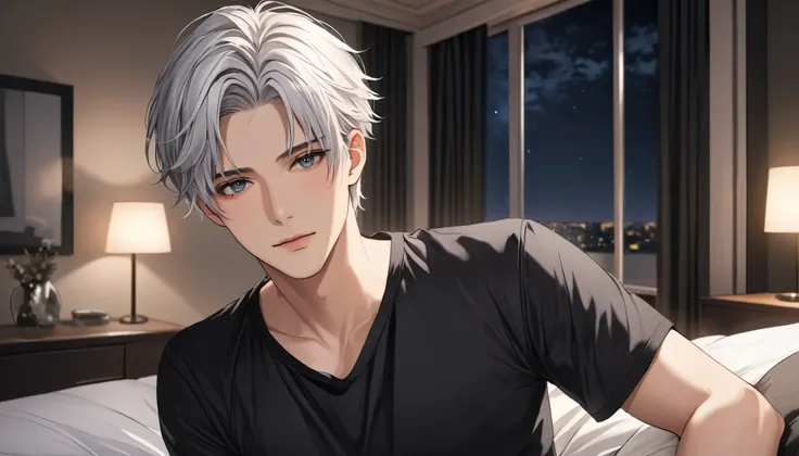 Boy, short Hair, light grey white Hair, grey eyes, Blush, Adult, handsome, night room, black shirt, High Resolution, Looking at viewer, HD